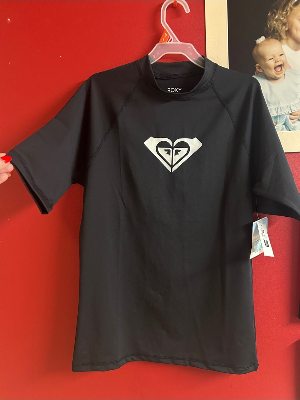Roxy Black Kids Short-Sleeve Rashguard with White Logo sz 13 swim shirt
